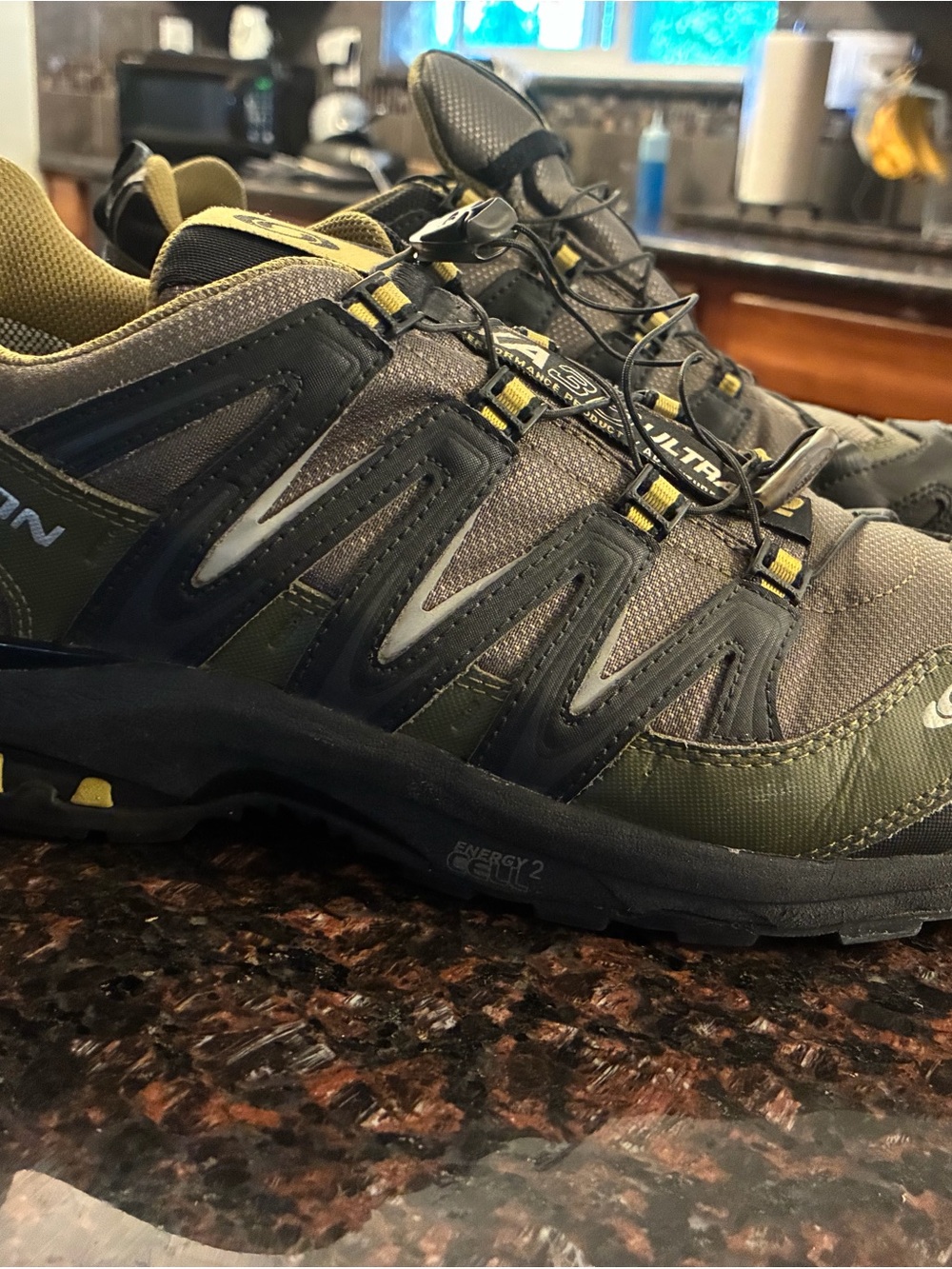Salomon Men's Olive Green and Gray Trail Runners with Yellow Accents